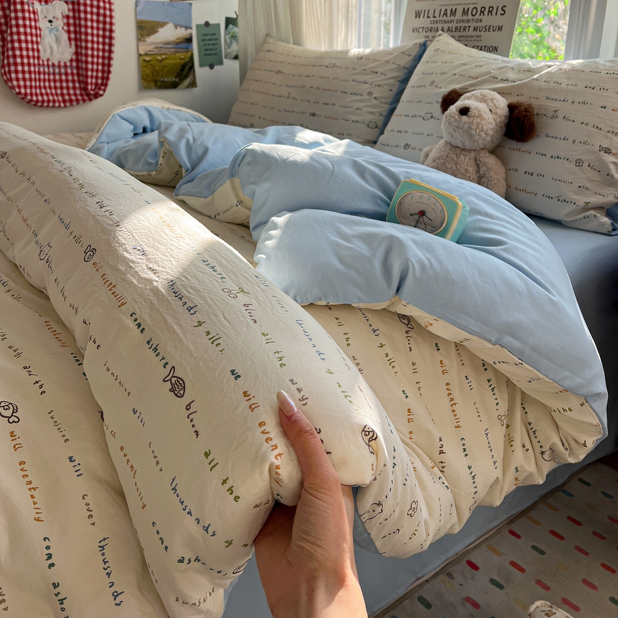 91家纺网 家纺一手货源 找家纺 水墨江南 2026新款加厚仿棉古法水洗棉小布袋款印花四件套 小猫钓鱼