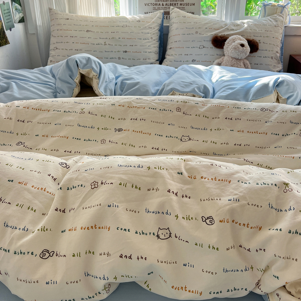 91家纺网 家纺一手货源 找家纺 水墨江南 2026新款加厚仿棉古法水洗棉小布袋款印花四件套 小猫钓鱼