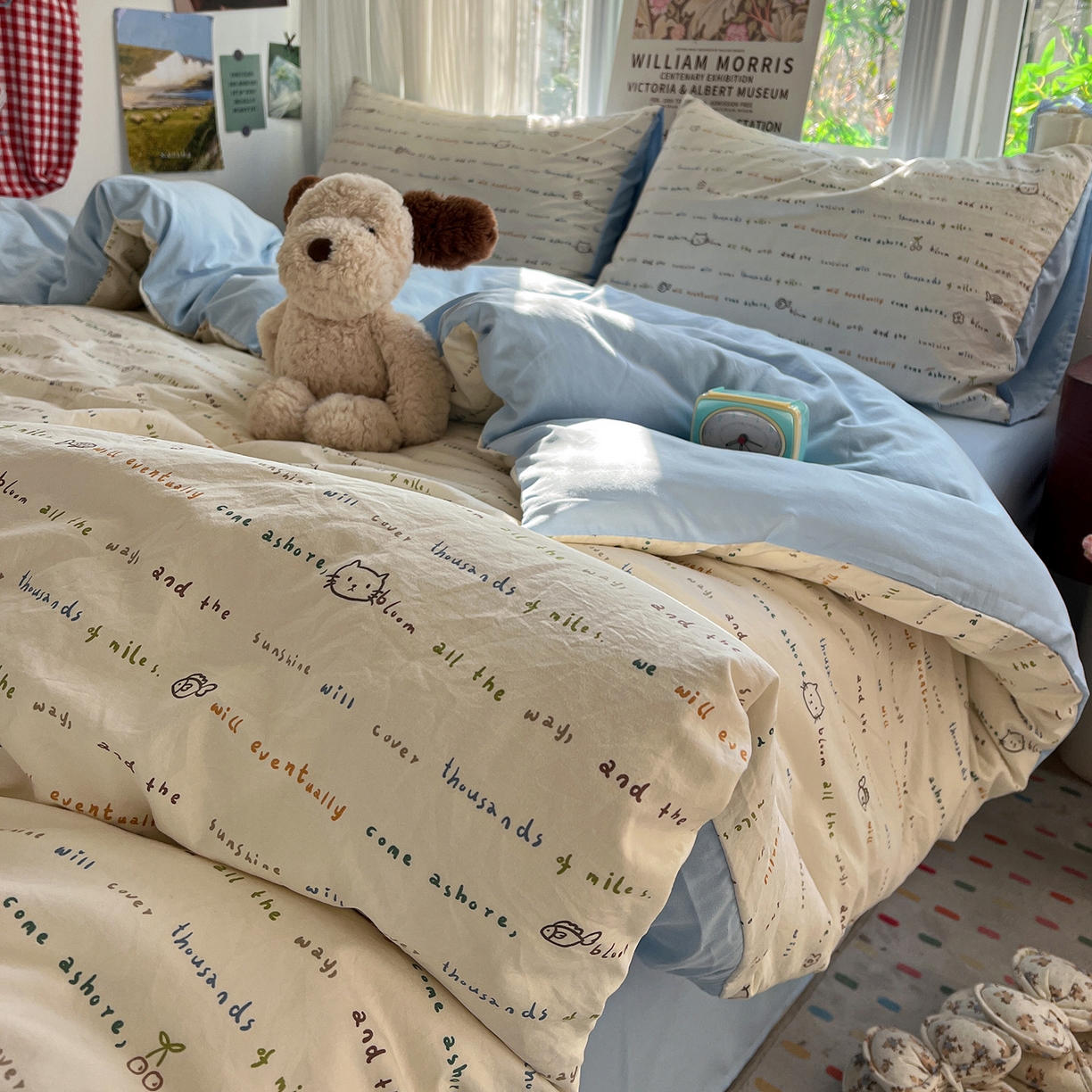 91家纺网 家纺一手货源 找家纺 水墨江南 2026新款加厚仿棉古法水洗棉小布袋款印花四件套 小猫钓鱼