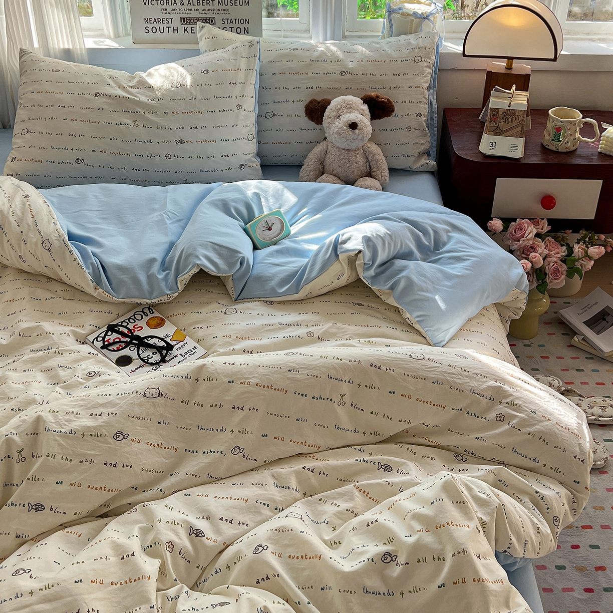 91家纺网 家纺一手货源 找家纺 水墨江南 2026新款加厚仿棉古法水洗棉小布袋款印花四件套 小猫钓鱼