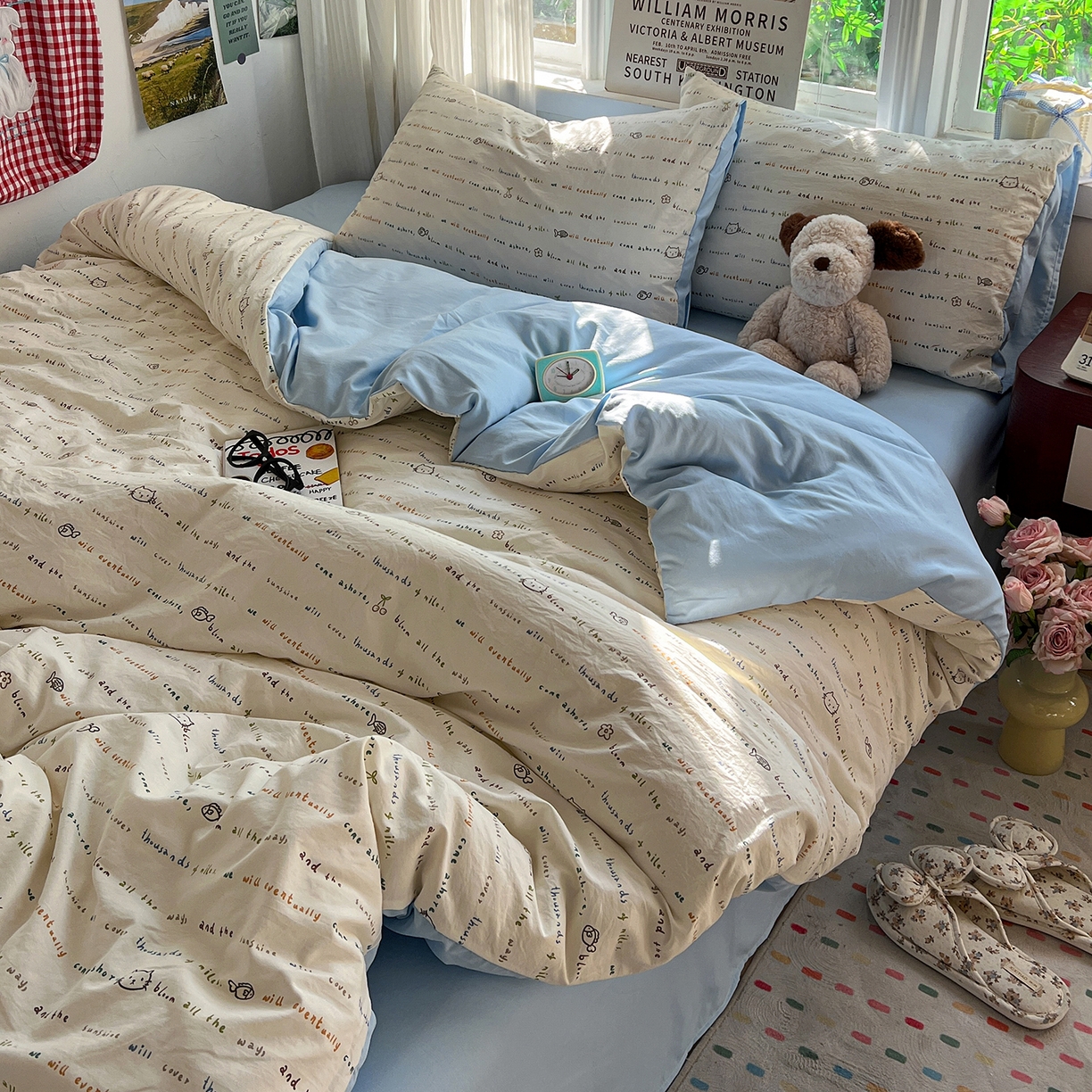 91家纺网 家纺一手货源 找家纺 水墨江南 2026新款加厚仿棉古法水洗棉小布袋款印花四件套 小猫钓鱼