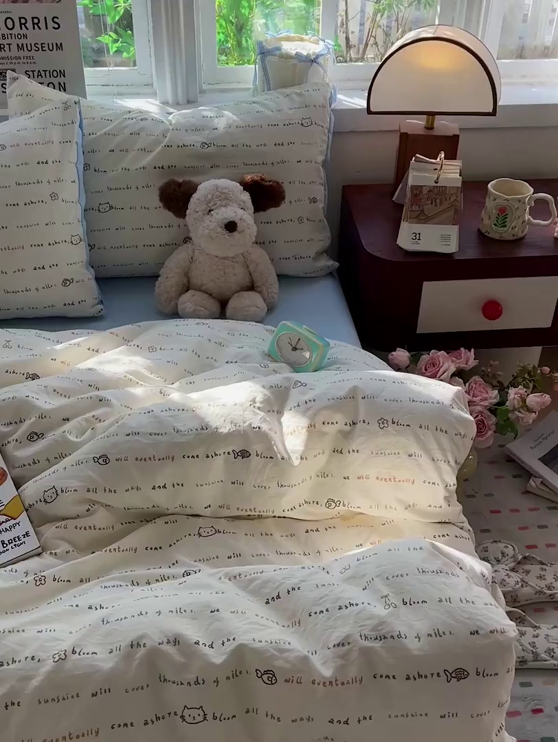 91家纺网 家纺一手货源 找家纺 水墨江南 2026新款加厚仿棉古法水洗棉小布袋款印花四件套 小猫钓鱼