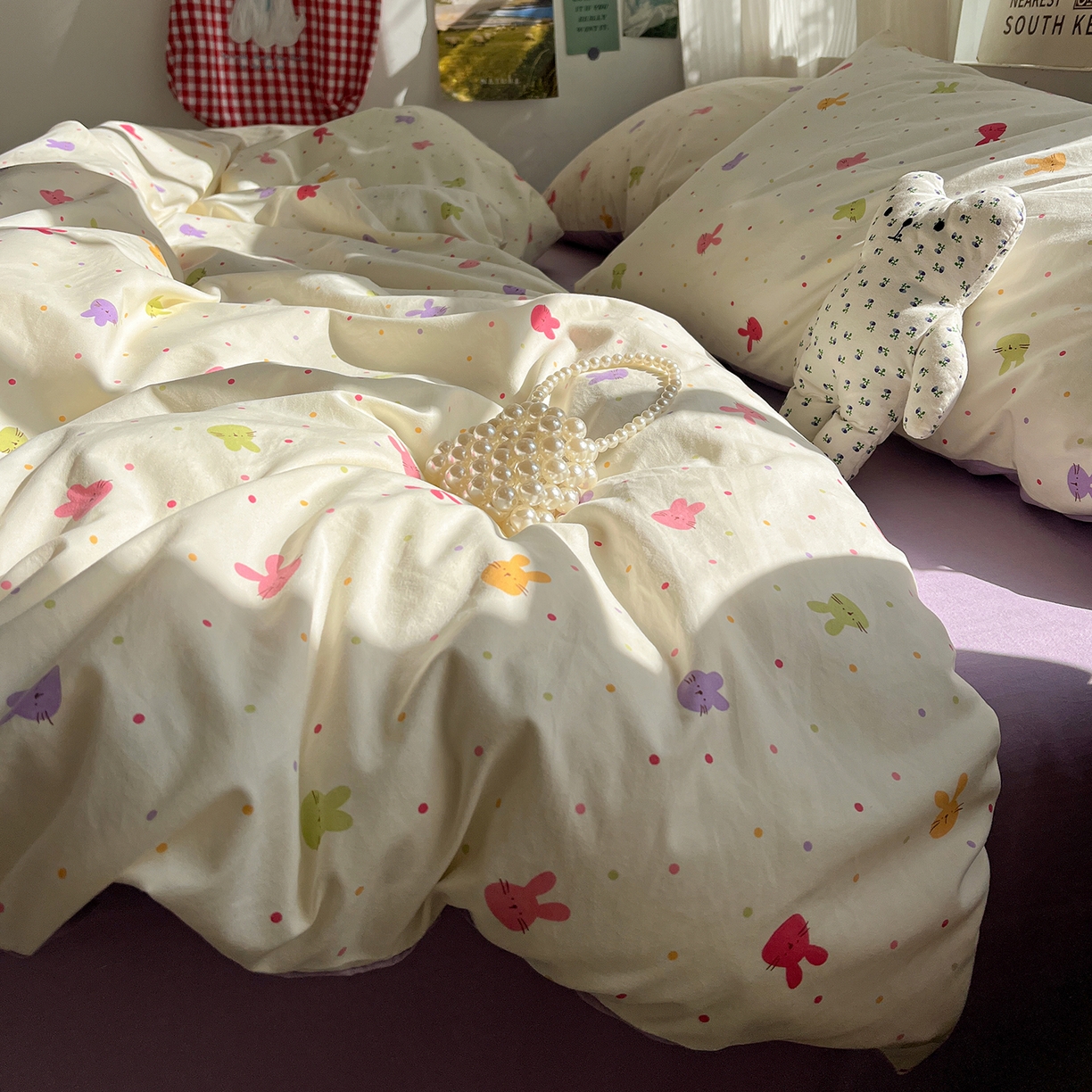 水墨江南 2026新款加厚仿棉古法水洗棉小布袋款印花四件套 小兔波波