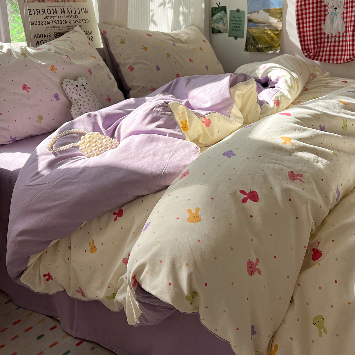 91家纺网 家纺一手货源 找家纺 水墨江南 2026新款加厚仿棉古法水洗棉小布袋款印花四件套 小兔波波