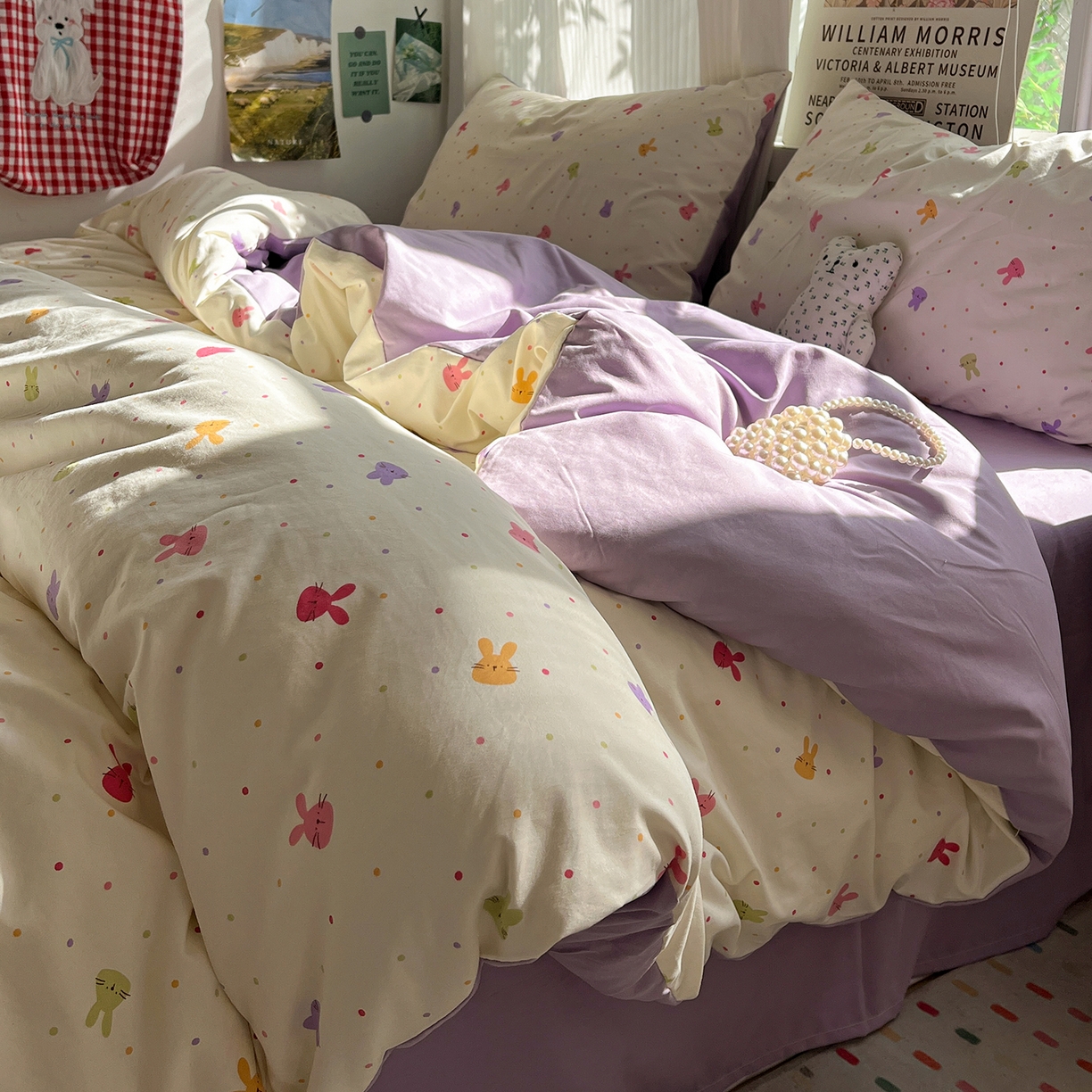 91家纺网 家纺一手货源 找家纺 水墨江南 2026新款加厚仿棉古法水洗棉小布袋款印花四件套 小兔波波