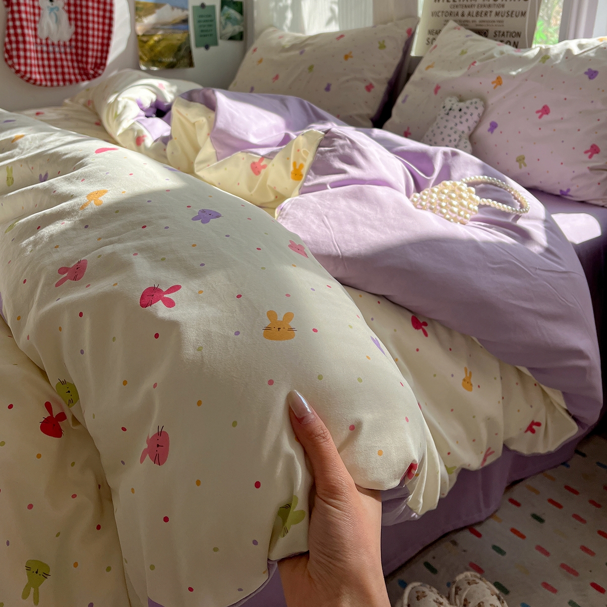 91家纺网 家纺一手货源 找家纺 水墨江南 2026新款加厚仿棉古法水洗棉小布袋款印花四件套 小兔波波