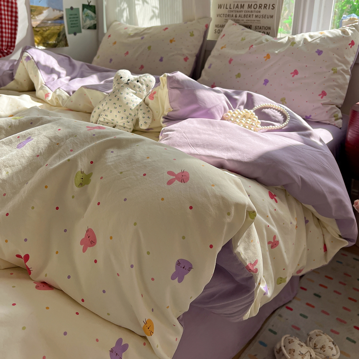 91家纺网 家纺一手货源 找家纺 水墨江南 2026新款加厚仿棉古法水洗棉小布袋款印花四件套 小兔波波