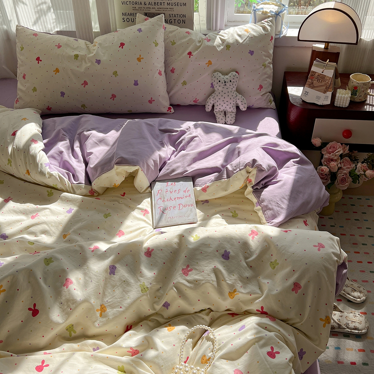 91家纺网 家纺一手货源 找家纺 水墨江南 2026新款加厚仿棉古法水洗棉小布袋款印花四件套 小兔波波