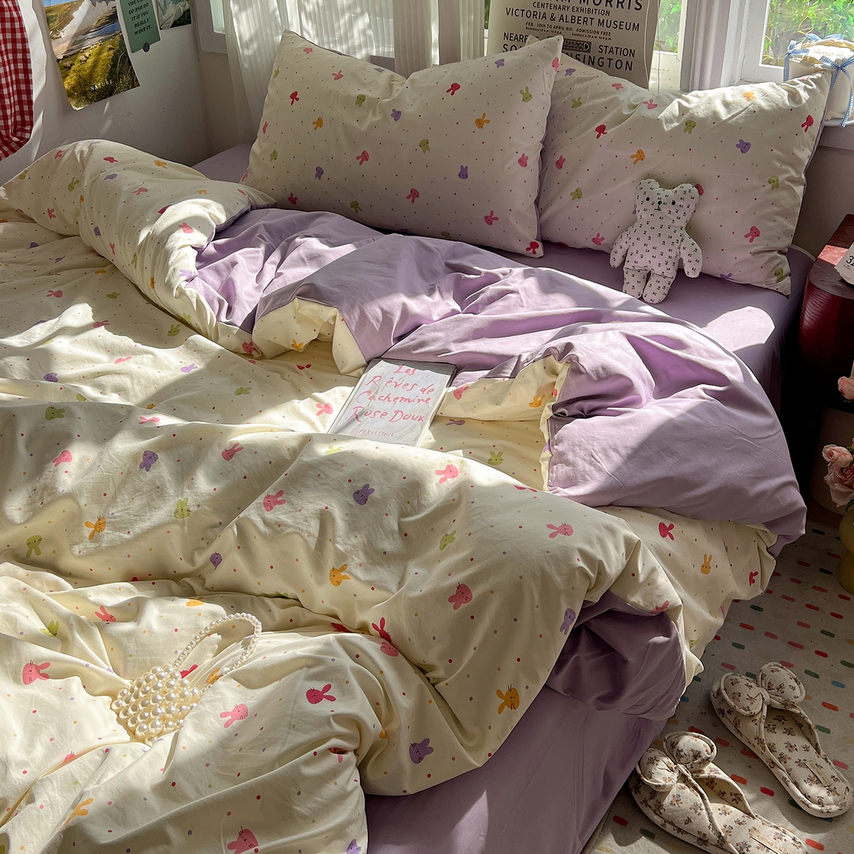 91家纺网 家纺一手货源 找家纺 水墨江南 2026新款加厚仿棉古法水洗棉小布袋款印花四件套 小兔波波