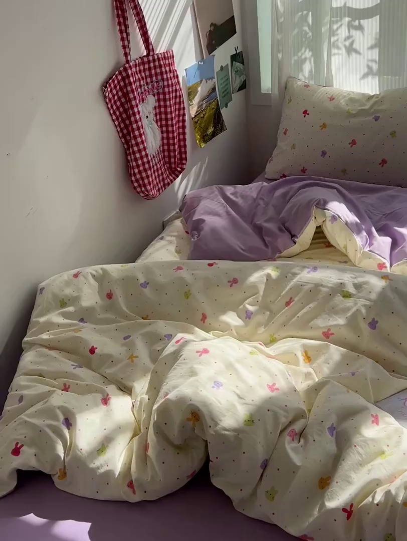 91家纺网 家纺一手货源 找家纺 水墨江南 2026新款加厚仿棉古法水洗棉小布袋款印花四件套 小兔波波