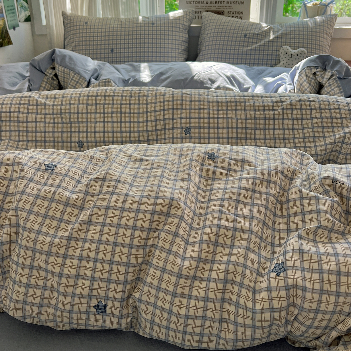 91家纺网 家纺一手货源 找家纺 水墨江南 2026新款加厚仿棉古法水洗棉小布袋款印花四件套 小星星