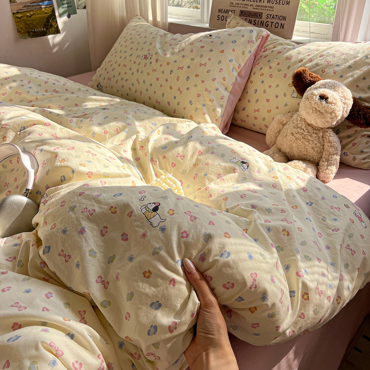 91家纺网 家纺一手货源 找家纺 水墨江南 2026新款加厚仿棉古法水洗棉小布袋款印花四件套 性感小狗