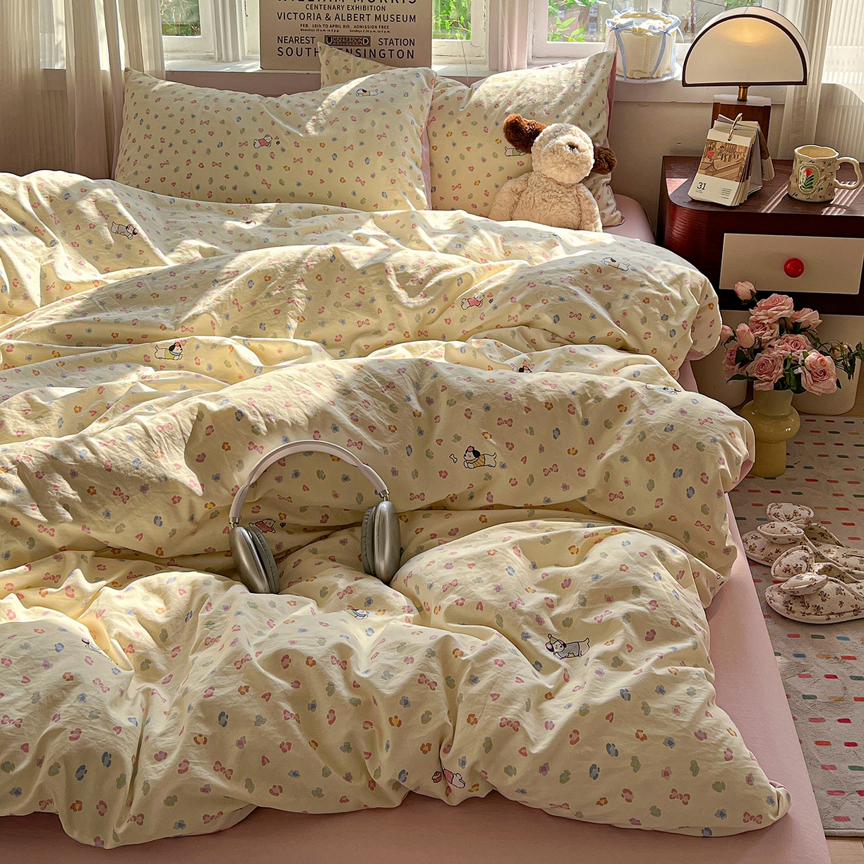 91家纺网 家纺一手货源 找家纺 水墨江南 2026新款加厚仿棉古法水洗棉小布袋款印花四件套 性感小狗