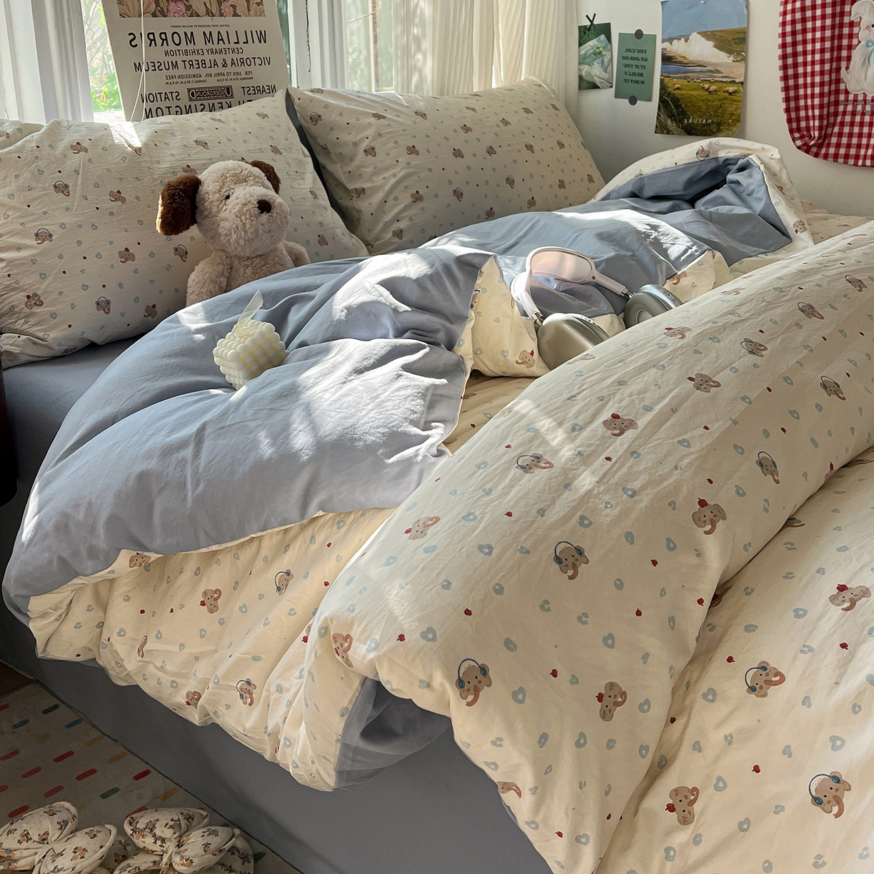 91家纺网 家纺一手货源 找家纺 水墨江南 2026新款加厚仿棉古法水洗棉小布袋款印花四件套 性感小象