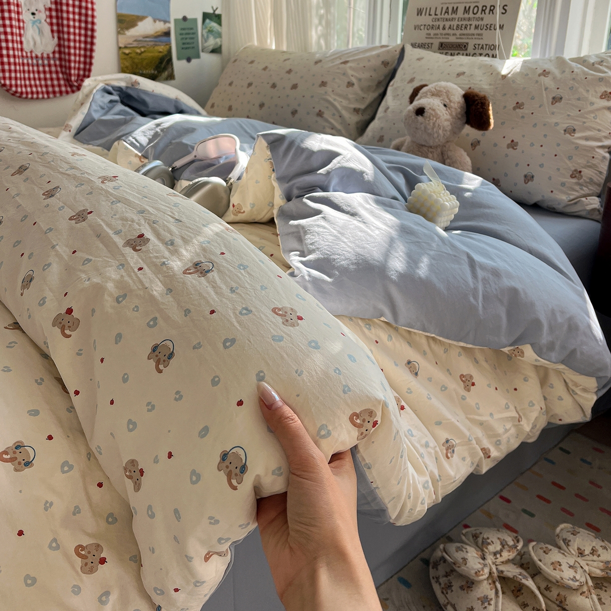 91家纺网 家纺一手货源 找家纺 水墨江南 2026新款加厚仿棉古法水洗棉小布袋款印花四件套 性感小象