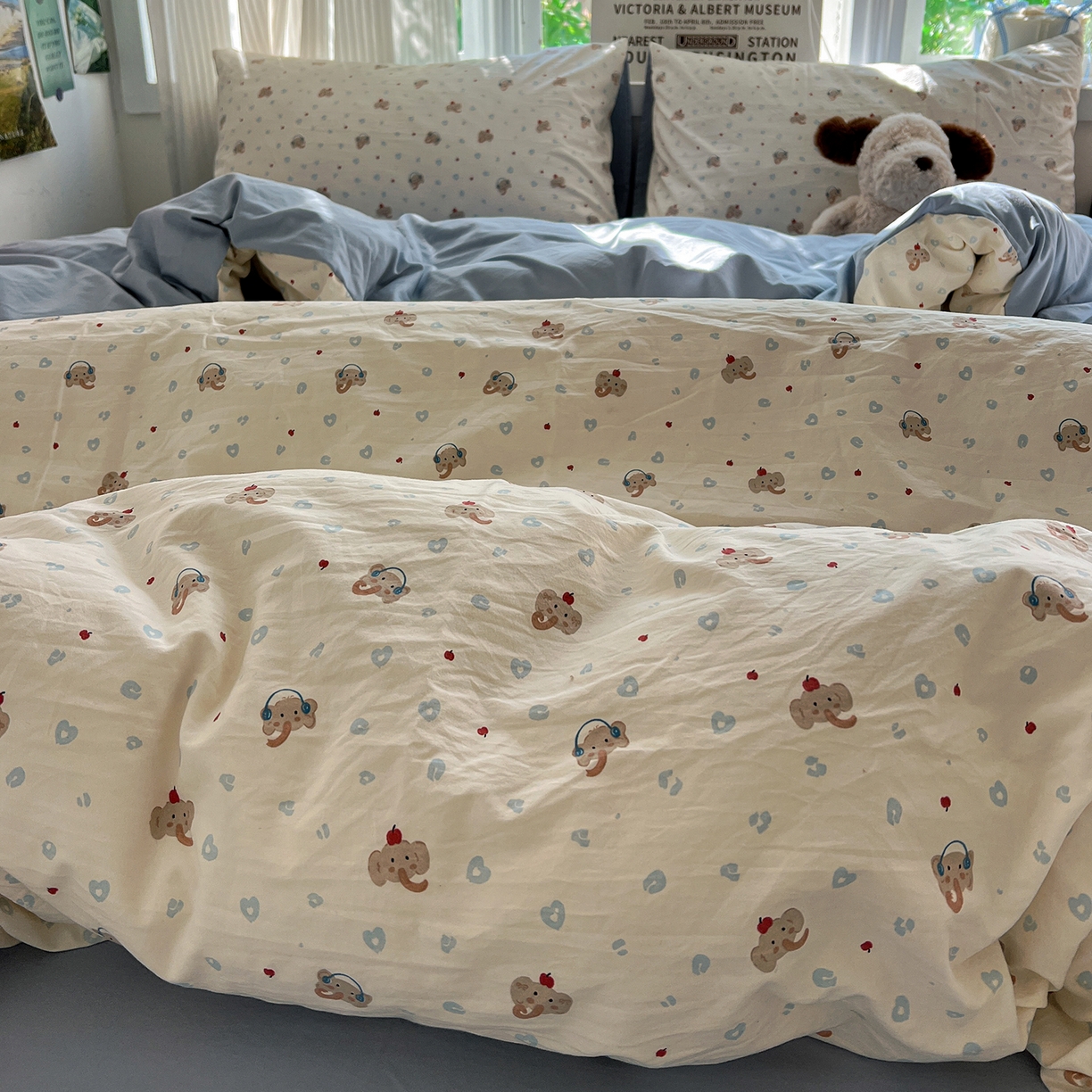 91家纺网 家纺一手货源 找家纺 水墨江南 2026新款加厚仿棉古法水洗棉小布袋款印花四件套 性感小象