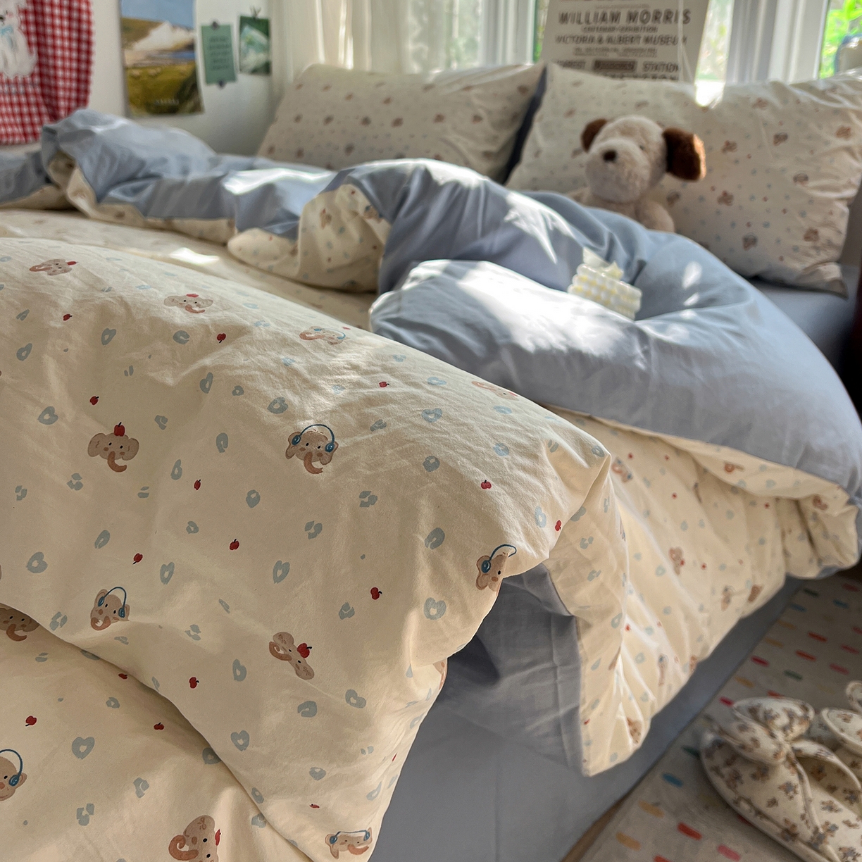 91家纺网 家纺一手货源 找家纺 水墨江南 2026新款加厚仿棉古法水洗棉小布袋款印花四件套 性感小象