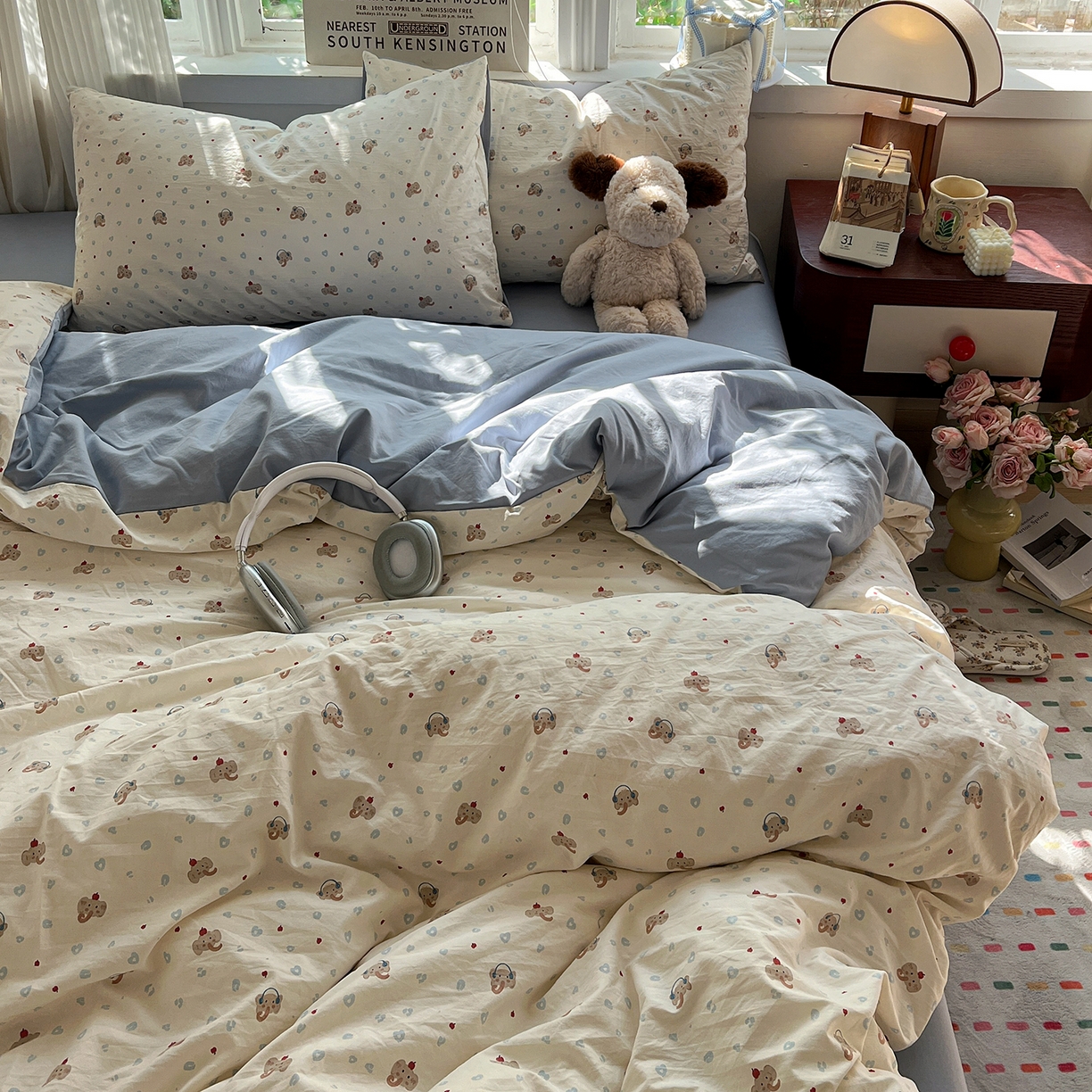 91家纺网 家纺一手货源 找家纺 水墨江南 2026新款加厚仿棉古法水洗棉小布袋款印花四件套 性感小象