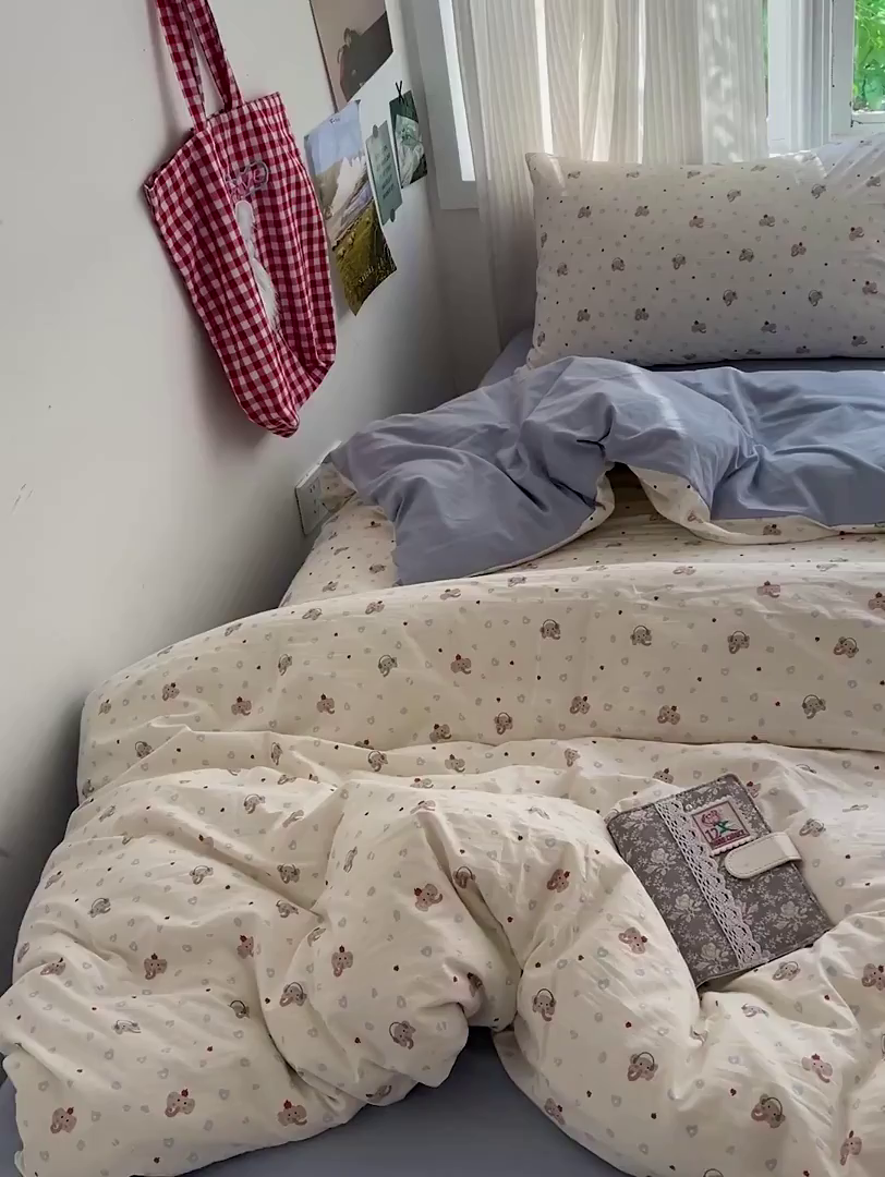 91家纺网 家纺一手货源 找家纺 水墨江南 2026新款加厚仿棉古法水洗棉小布袋款印花四件套 性感小象