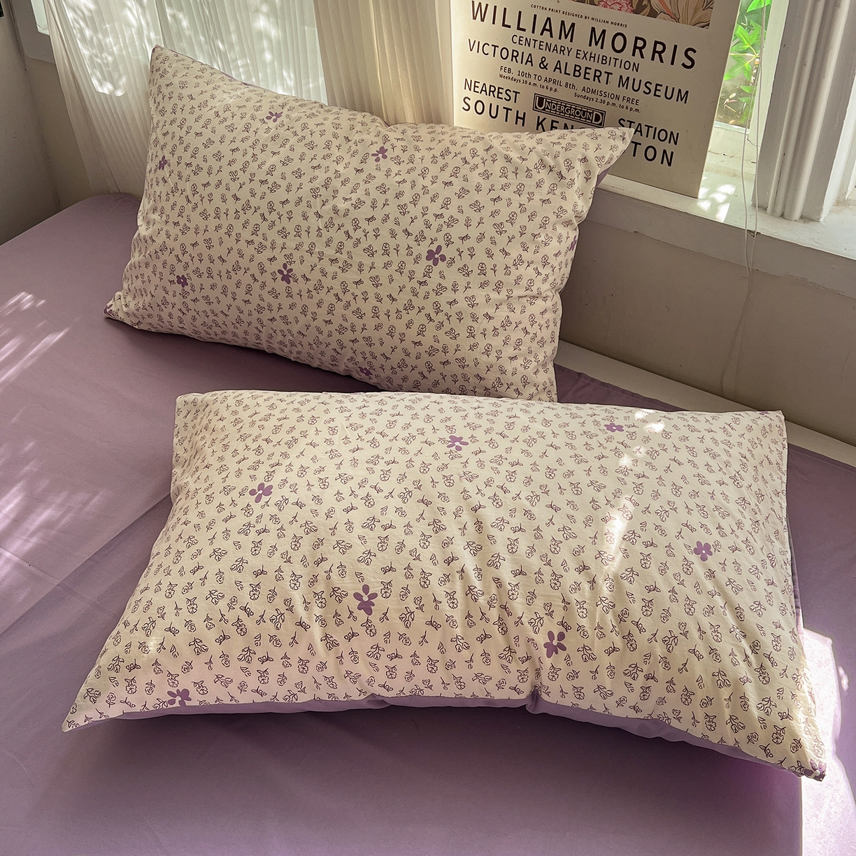 91家纺网 家纺一手货源 找家纺 水墨江南 2026新款加厚仿棉古法水洗棉小布袋款印花四件套 紫色小花