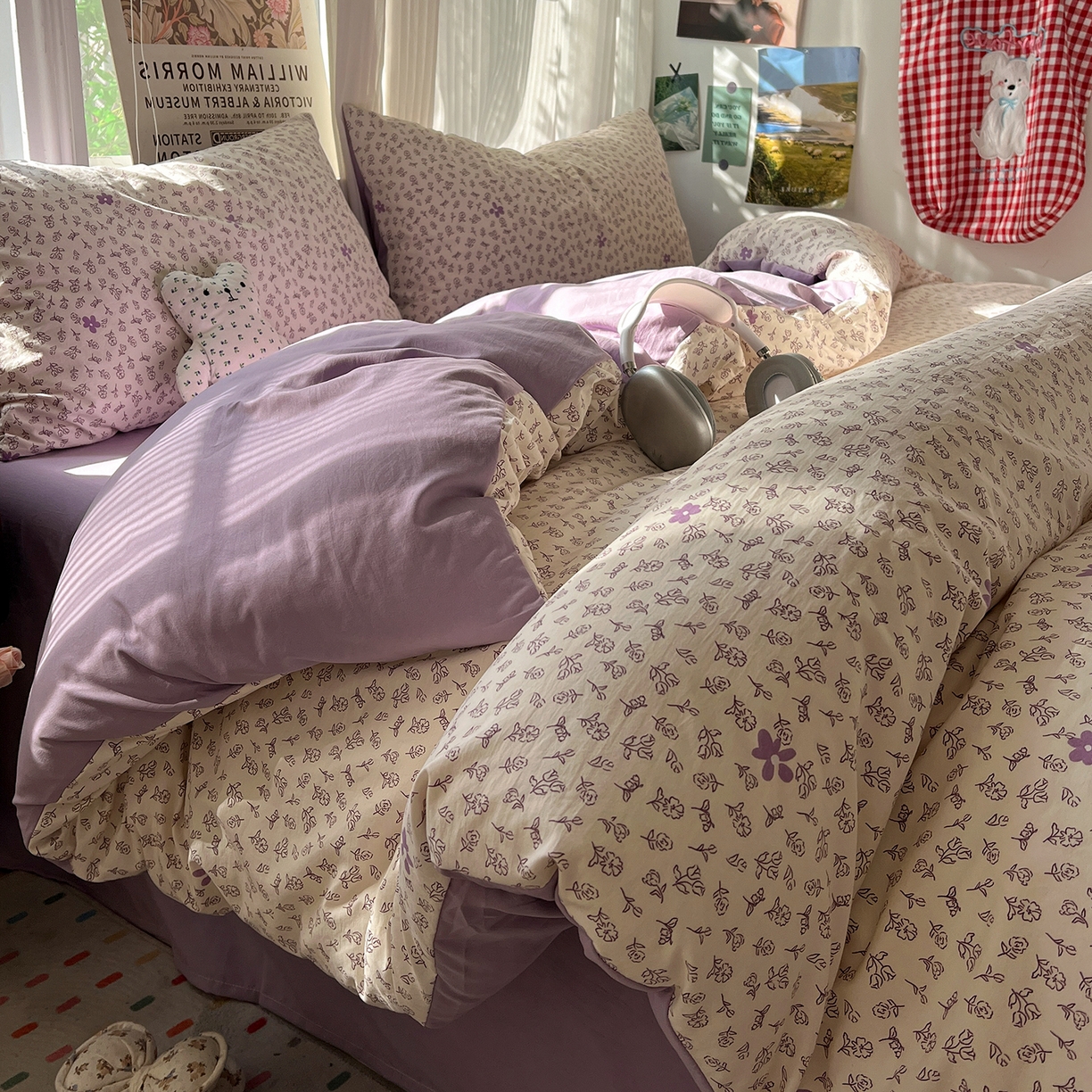 91家纺网 家纺一手货源 找家纺 水墨江南 2026新款加厚仿棉古法水洗棉小布袋款印花四件套 紫色小花