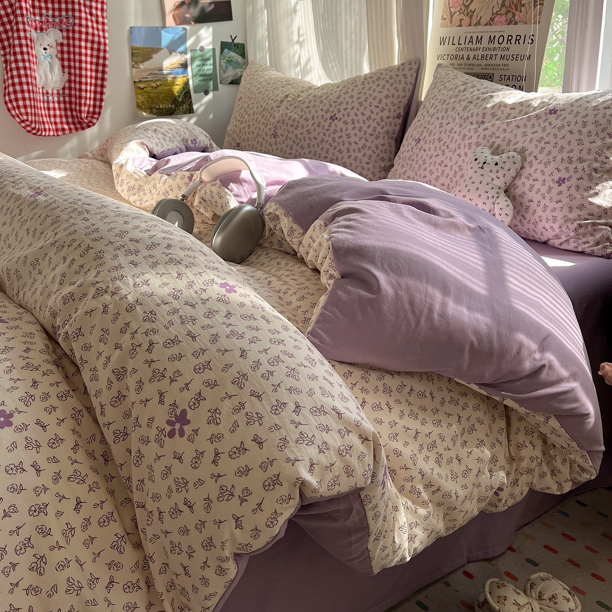 91家纺网 家纺一手货源 找家纺 水墨江南 2026新款加厚仿棉古法水洗棉小布袋款印花四件套 紫色小花