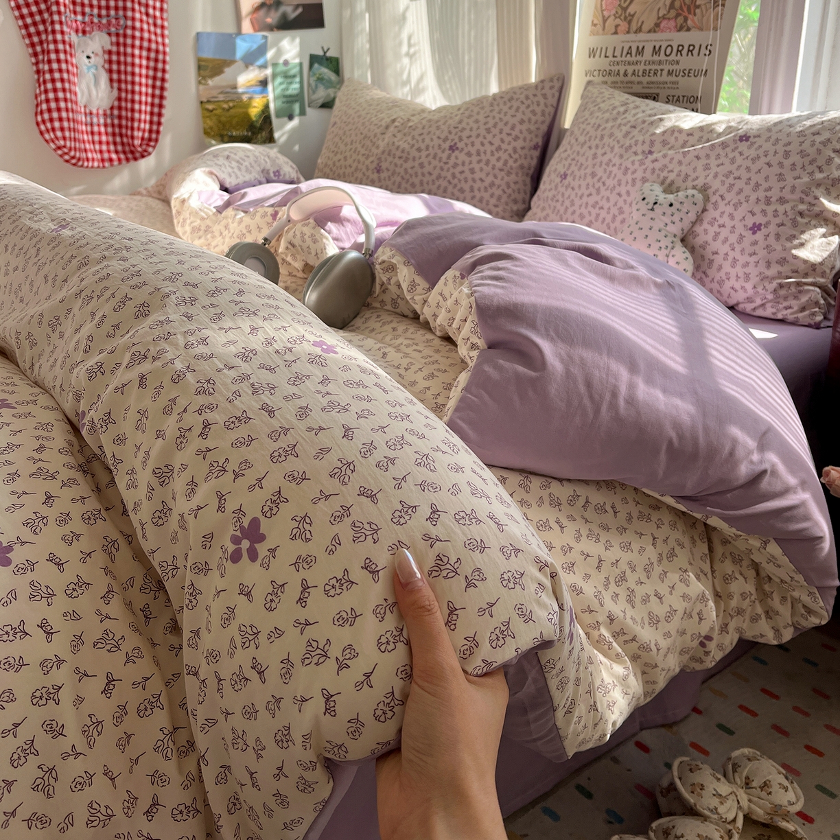 91家纺网 家纺一手货源 找家纺 水墨江南 2026新款加厚仿棉古法水洗棉小布袋款印花四件套 紫色小花