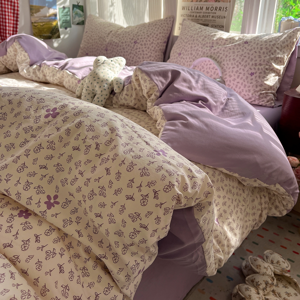 91家纺网 家纺一手货源 找家纺 水墨江南 2026新款加厚仿棉古法水洗棉小布袋款印花四件套 紫色小花