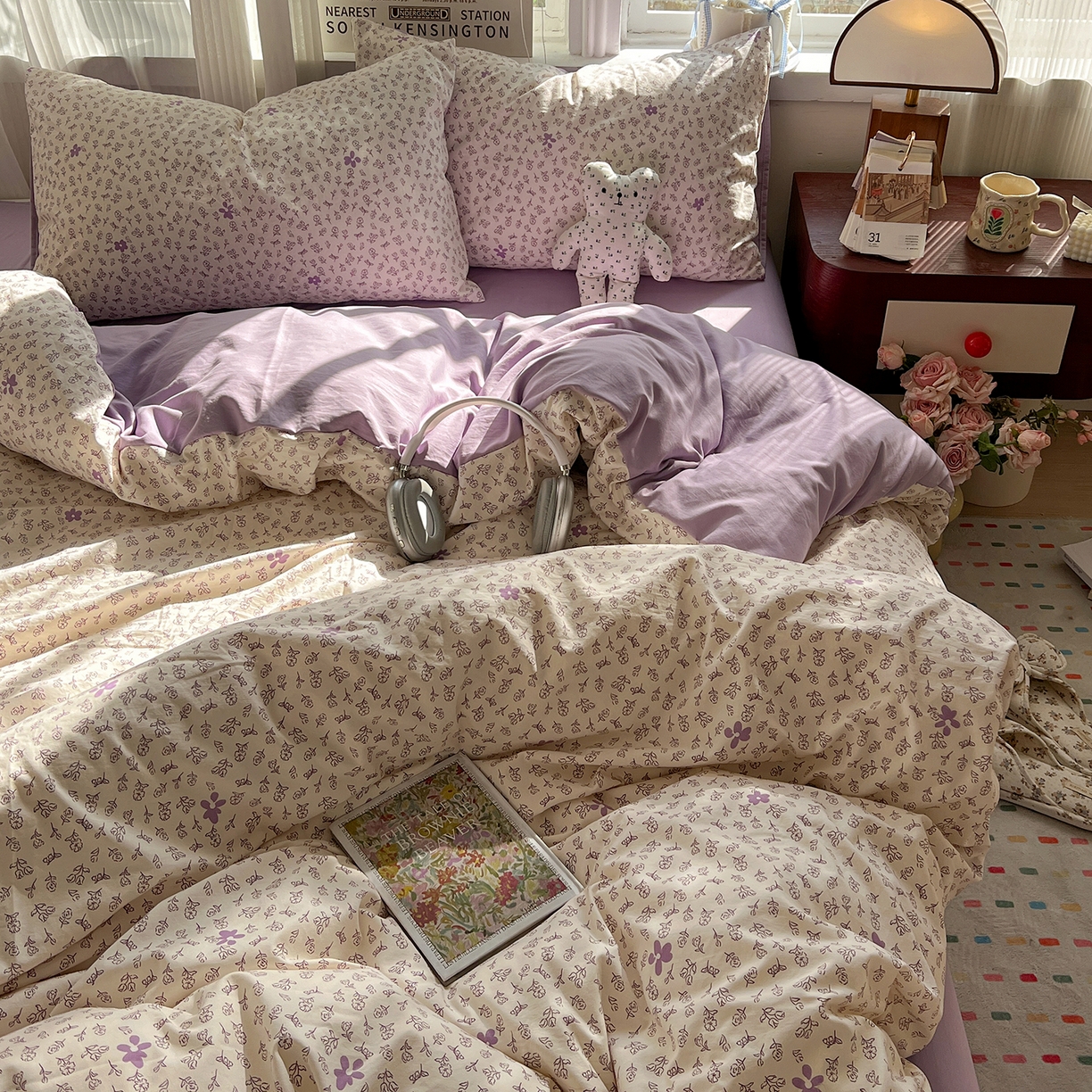 91家纺网 家纺一手货源 找家纺 水墨江南 2026新款加厚仿棉古法水洗棉小布袋款印花四件套 紫色小花