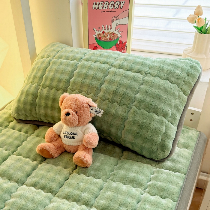 91家纺网 家纺一手货源 找家纺 奇丝雅 2025新款泡泡绒枕套加棉加厚冬季保暖毛绒牛奶绒加绒成人家用枕头套枕芯套单人学生宿舍48x74cm 清新绿