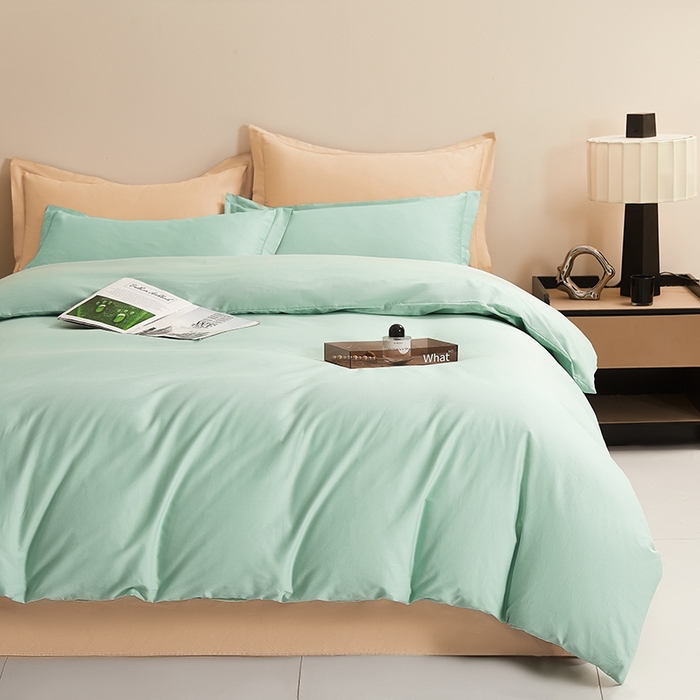 91家纺网 家纺一手货源 找家纺 名优家纺 2026新款60S13374高支密全棉印花纯色四件套 莫奈绿+奶黄