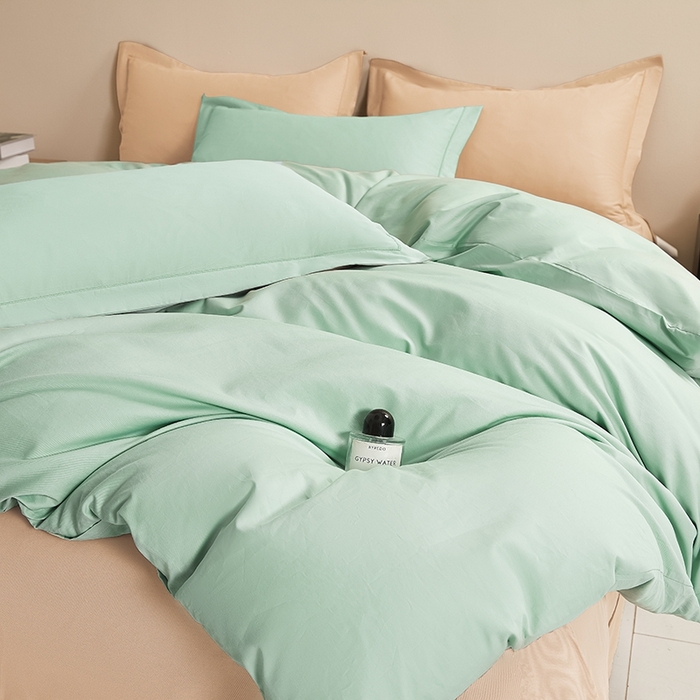 91家纺网 家纺一手货源 找家纺 名优家纺 2026新款60S13374高支密全棉印花纯色四件套 莫奈绿+奶黄