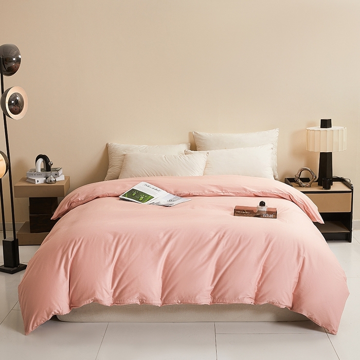 91家纺网 家纺一手货源 找家纺 名优家纺 2026新款60S13374高支密全棉印花纯色四件套 樱花粉+浅灰