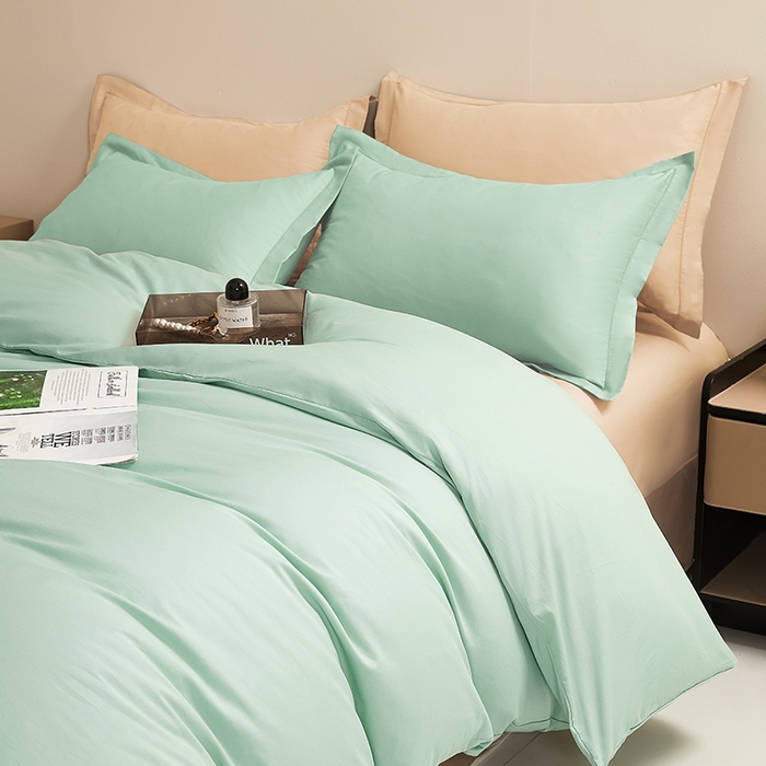 91家纺网 家纺一手货源 找家纺 名优家纺 2026新款60S13374高支密全棉印花纯色四件套 莫奈绿+奶黄