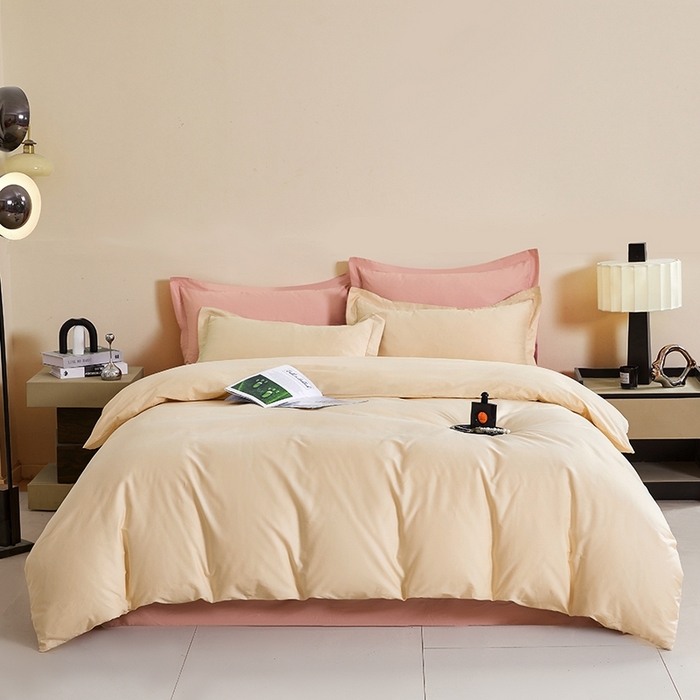 91家纺网 家纺一手货源 找家纺 名优家纺 2026新款60S13374高支密全棉印花纯色四件套 奶黄+樱花粉