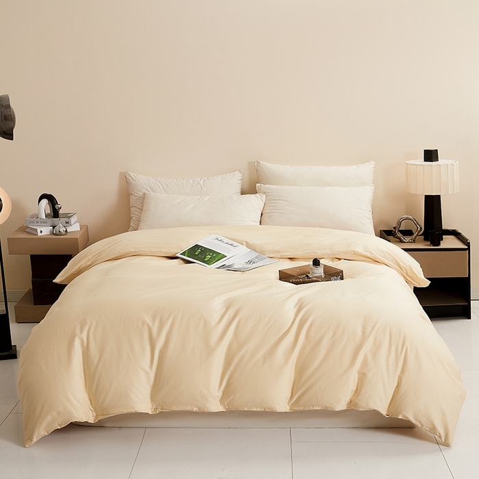 91家纺网 家纺一手货源 找家纺 名优家纺 2026新款60S13374高支密全棉印花纯色四件套 奶黄+樱花粉