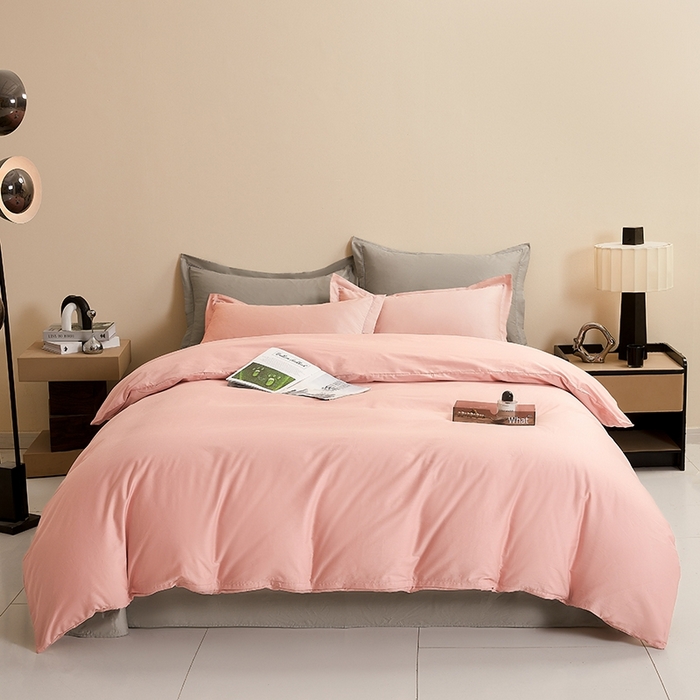 91家纺网 家纺一手货源 找家纺 名优家纺 2026新款60S13374高支密全棉印花纯色四件套 樱花粉+浅灰