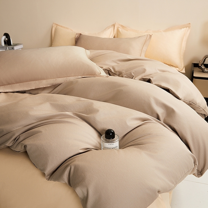 91家纺网 家纺一手货源 找家纺 名优家纺 2026新款60S13374高支密全棉印花纯色四件套 可可棕+奶黄