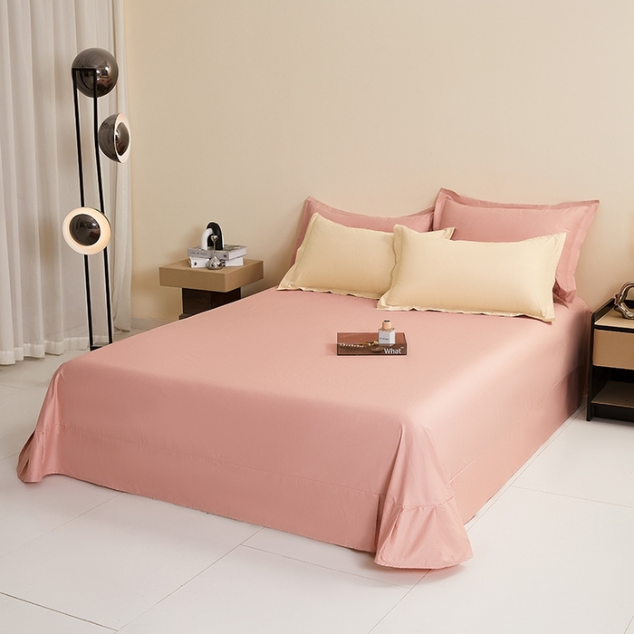 91家纺网 家纺一手货源 找家纺 名优家纺 2026新款60S13374高支密全棉印花纯色四件套 奶黄+樱花粉