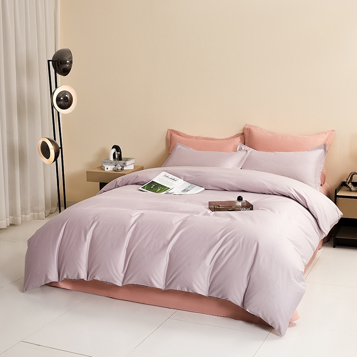 91家纺网 家纺一手货源 找家纺 名优家纺 2026新款60S13374高支密全棉印花纯色四件套 加仑紫+樱花粉