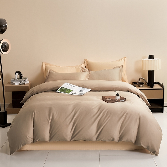 91家纺网 家纺一手货源 找家纺 名优家纺 2026新款60S13374高支密全棉印花纯色四件套 可可棕+奶黄