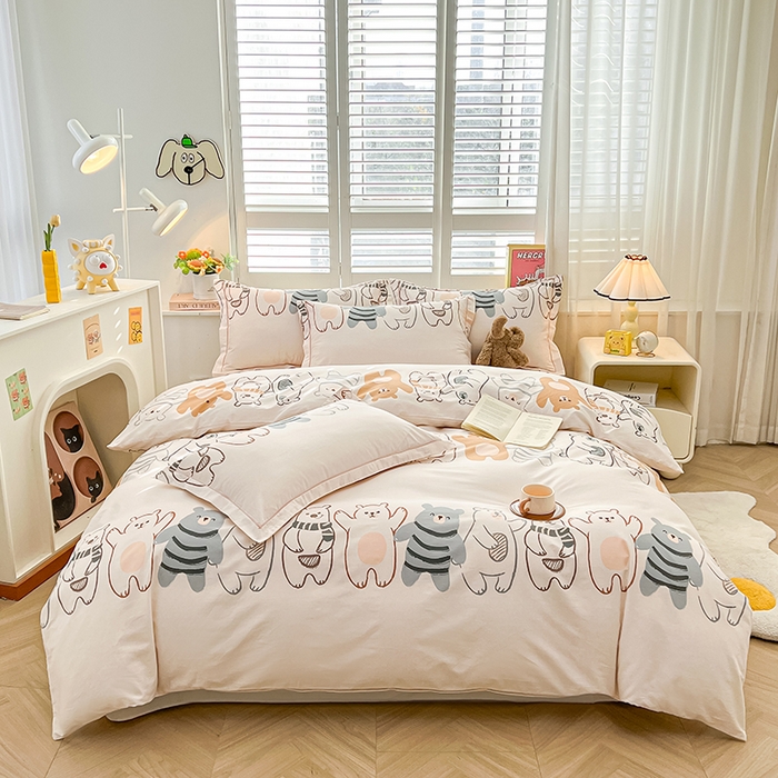 91家纺网 家纺一手货源 找家纺 名优家纺 2026新款60S13374高支密全棉印花纯色四件套 熊派对-米