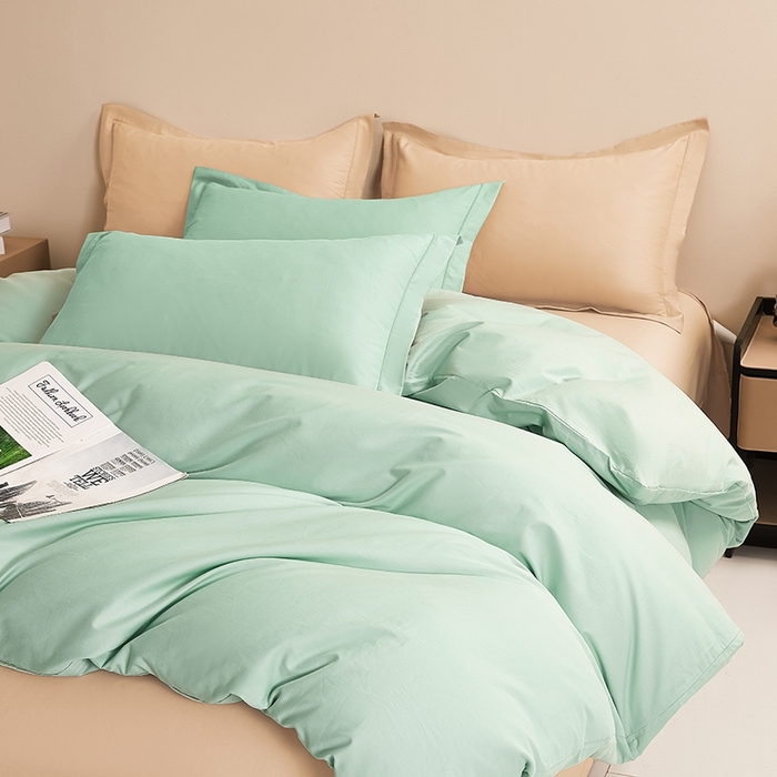 91家纺网 家纺一手货源 找家纺 名优家纺 2026新款60S13374高支密全棉印花纯色四件套 莫奈绿+奶黄