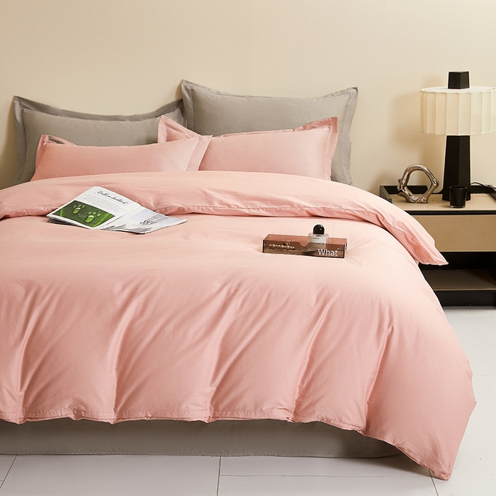 91家纺网 家纺一手货源 找家纺 名优家纺 2026新款60S13374高支密全棉印花纯色四件套 樱花粉+浅灰