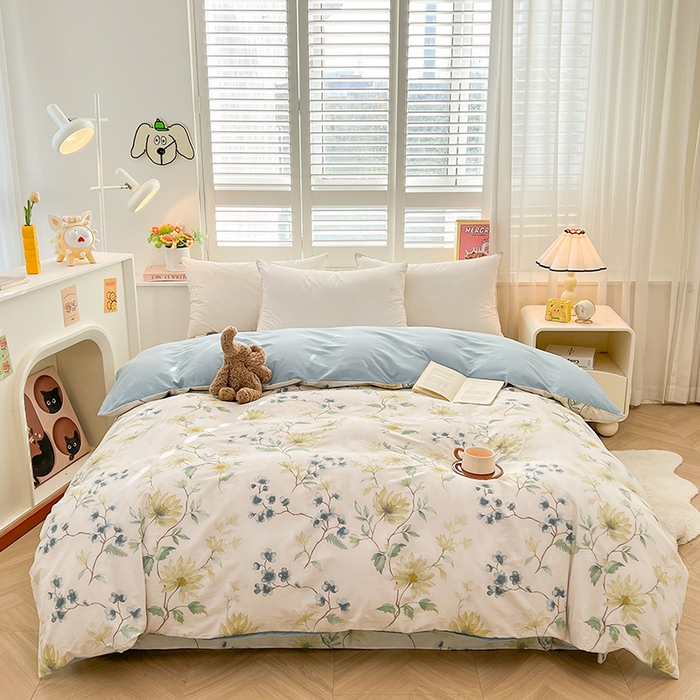 91家纺网 家纺一手货源 找家纺 名优家纺 2026新款60S13374高支密全棉印花纯色四件套 洛颜-蓝