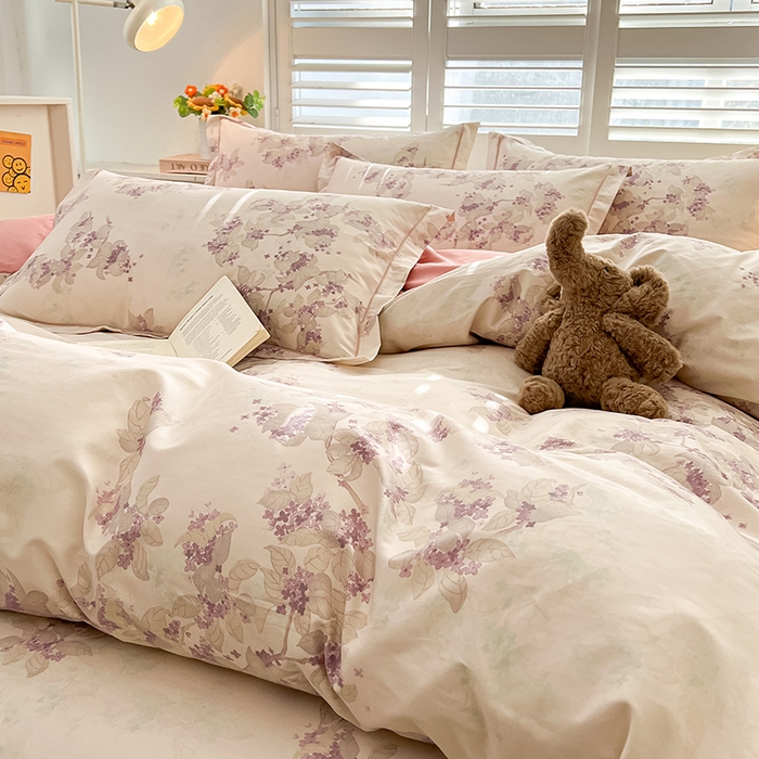 91家纺网 家纺一手货源 找家纺 名优家纺 2026新款60S13374高支密全棉印花纯色四件套 春日序-紫