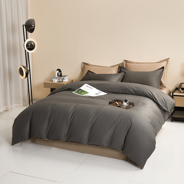 91家纺网 家纺一手货源 找家纺 名优家纺 2026新款60S13374高支密全棉印花纯色四件套 星耀黑+可可棕