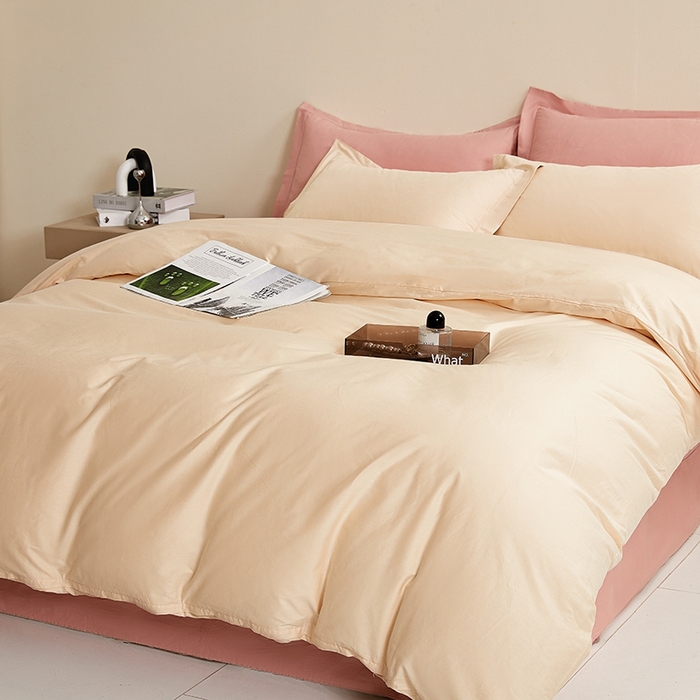 91家纺网 家纺一手货源 找家纺 名优家纺 2026新款60S13374高支密全棉印花纯色四件套 奶黄+樱花粉