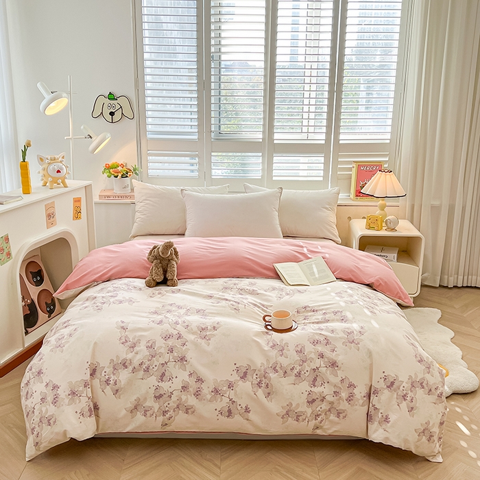 91家纺网 家纺一手货源 找家纺 名优家纺 2026新款60S13374高支密全棉印花纯色四件套 春日序-紫