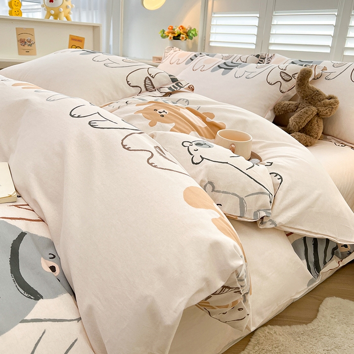 91家纺网 家纺一手货源 找家纺 名优家纺 2026新款60S13374高支密全棉印花纯色四件套 熊派对-米